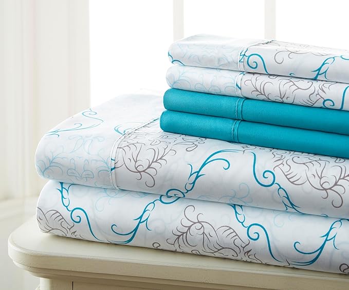 Queen Size Bed Sheets Set Deep Pockets - 6PC Floral Ultra Soft Microfiber Bed Sheets - Easy to Clean, 90 Thread Count Sheets with Fitted Sheet, Flat Sheet & Pillowcases (Turquoise Medallion)