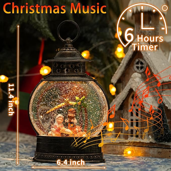 Christmas Nativity Snow Globe, 12" Musical Lighted Christmas Snow Globe Lantern, Christmas Nativity Set Indoor, Swirling Glitter Lanterns with Timer, Battery Operated/USB Powered Christmas Home Decor