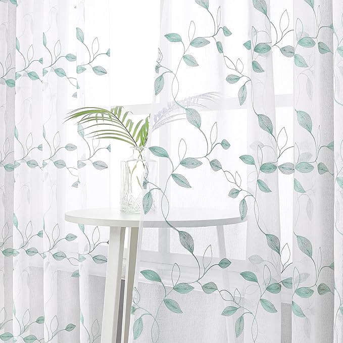 Tollpiz Teal Blue Leaf Sheer Curtain Leaves Embroidered Bedroom Curtains Rod Pocket Voile Window Treatment for Living Room, 54 x 95 inches Long, Set of 2 Panels