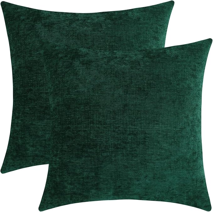 Hunter Green Chenille Decorative Couch Throw Pillow Covers, Soft Cushion Cases for Home Livingroom Sofa Décor, Pack of 2, 18 x 18 Inches
