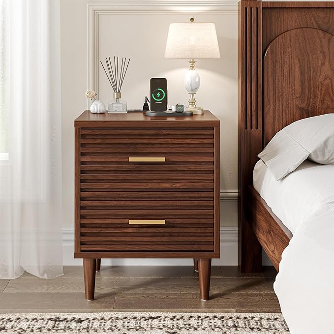 Alohappy Night Stands with Charging Station Set of 2, Mid Century Modern Nightstands, Wooden Bedside Table for Bedroom, End Table with Storage Drawers, Bed Side Table with USB Outlets, Brown 2pcs