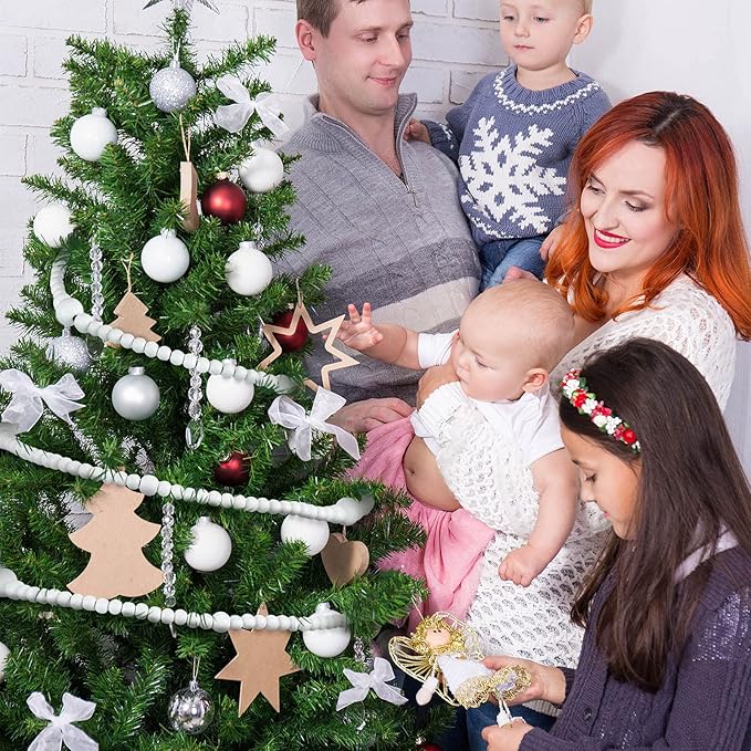 12 Feet Christmas Wooden Beads Garland Round Craft Farmhouse Vintage Wood Bead Garlands for Xmas Decoration Supplies(White)