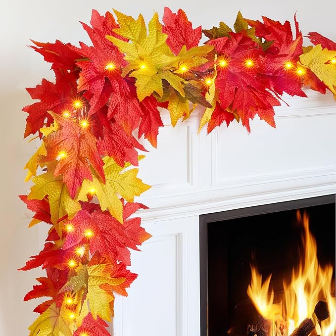 Fall Decorations for Home Large Maple Leaves 2 Pack 9FT Plug in Fall Lights with 50 Orange Bulb UL Certified Connectable Fall Decor Garland for Indoor Outdoor Aumtum Halloween Thanksgiving Decoration