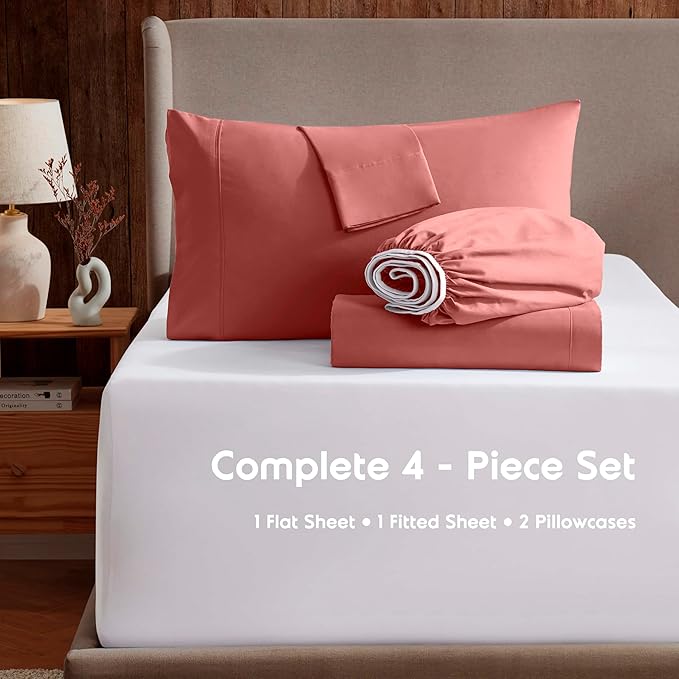 Nestl Extra Deep Twin XL Sheet Set - 4 Piece Breathable & Cooling Sheets - Hotel Luxury Bedding Set w/18-24 Inch Deep Pockets - Easy & Secure Fit - Super Soft, Wrinkle Free & Comfy - Pink Clay