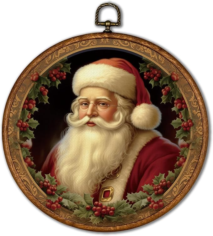 KSDUT Vintage Christmas Wall Decor Art - Retro Santa Claus Wall Art Canvas Frame Hanging Prints, Merry Christmas Xmas Holiday Round Wall Art Decor for Farmhouse Home Decorations 10"x10"