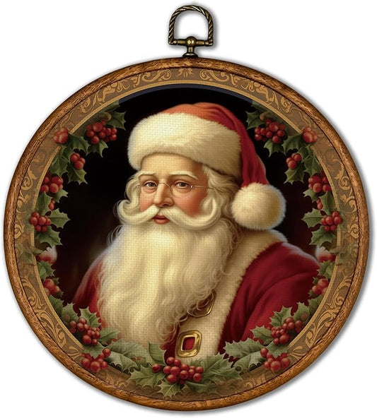 KSDUT Vintage Christmas Wall Decor Art - Retro Santa Claus Wall Art Canvas Frame Hanging Prints, Merry Christmas Xmas Holiday Round Wall Art Decor for Farmhouse Home Decorations 10"x10"