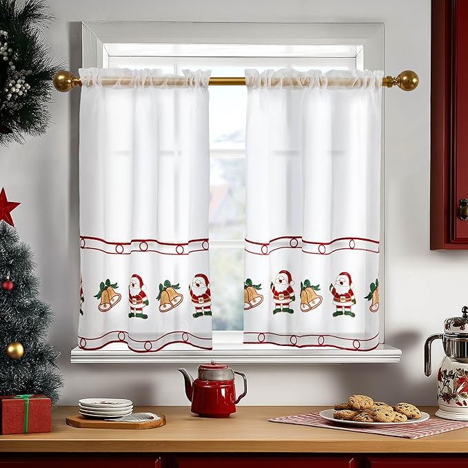 Deconovo Christmas Kitchen Tier Curtains, Embroidered Cafe Tiers, Semi Sheer Window Treatment with Rod Pocket, Light Filtering for Small Windows, Door & Sink Areas, 28W x 30L, Santa Claus, 2 Panels