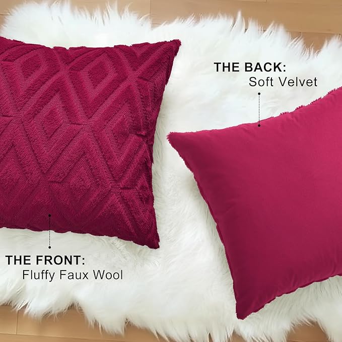 decorUhome Christmas Couch Throw Pillow Covers 26x26 Set of 2, Decorative Soft Plush Faux Wool Neutral Accent Pillow Covers for Bed Sofa Living Room, Burgundy