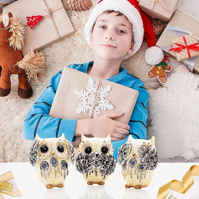 3 Owl Figurines Decor, Owl Statue Figurine, See No Hear No Speak No Evil Ornaments, Crafted Animal Sculpture, Cute Owls Decoration for Living Room, Office, Bookshelf, Bedroom - White