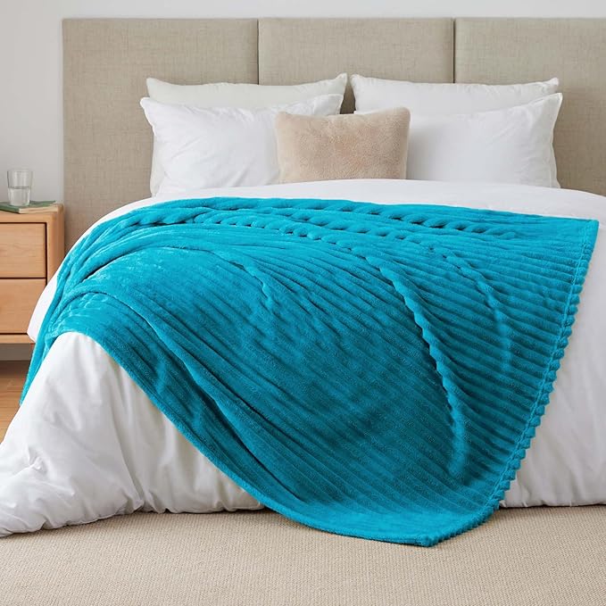 BEDELITE Twin Blanket for Couch & Bed, 300GSM Soft & Warm Fleece Blanket, Decorative and Giftable Striped Teal Blankets for Women, Men, 60"x80"
