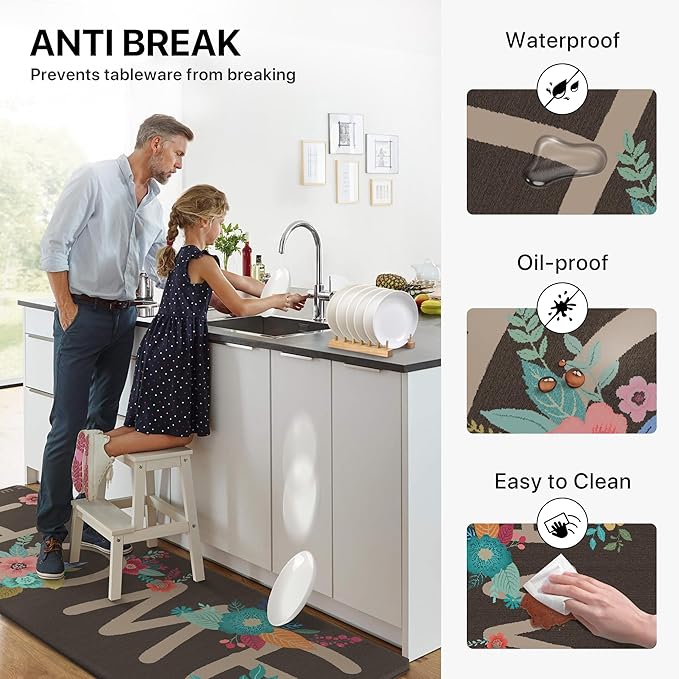 GENIMO Anti Fatigue Kitchen Mats for Floor, Non Slip Washable Home Theme Rugs Sets of 2, Farmhouse Cushioned Waterproof Comfort Runner Rug for Kitchen, Sink, Desk, Laundry, 17"x 47"+17"x 30", Coffee