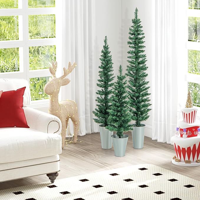 GOFLAME Set of 3 Potted Christmas Tree, 3’ 4’ 5’ Slim Pencil Trees with 120, 140, 160 Branch Tips & Cement-Filled Metal Bases, Artificial Entrance Xmas Trees for Porch, Front Door, Entryway
