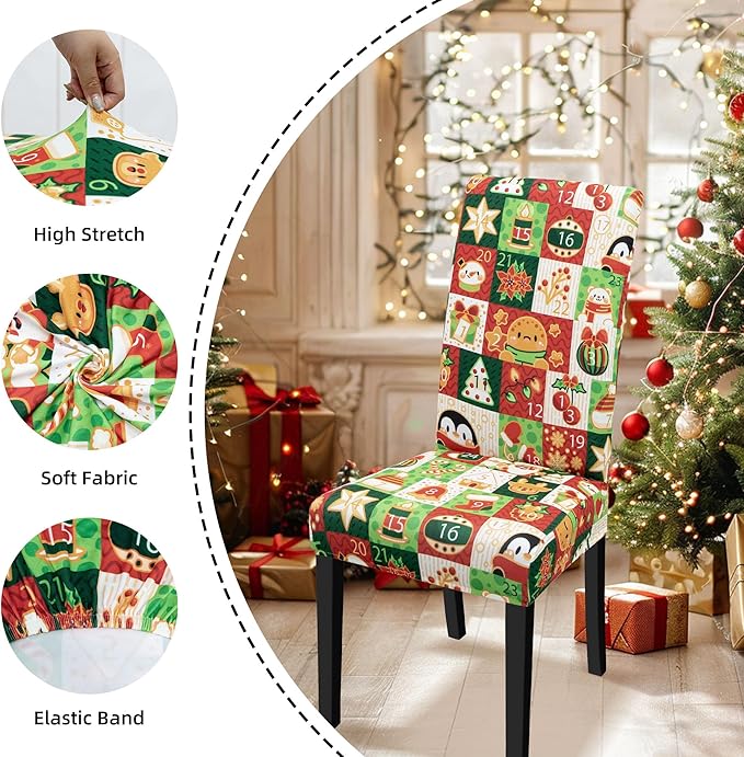Christmas Chair Covers for Dining Chairs, Dining Room Chair Covers Set of 6, Stretch Parsons Chair Slipcovers, Removable Washable kitchen Chair Cover for Home Hotel Banquet Holiday Decoration