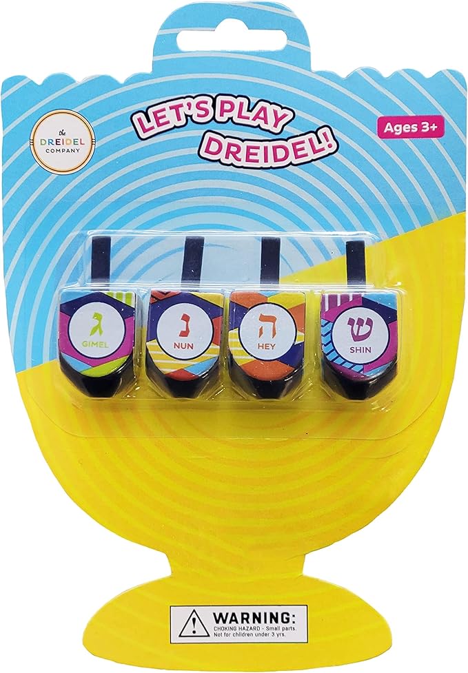 The Dreidel Company Multi Colored Hand Painted Wooden Dreidels, The Hanukkah Game, Let's Play Dreidel (4-Pack)