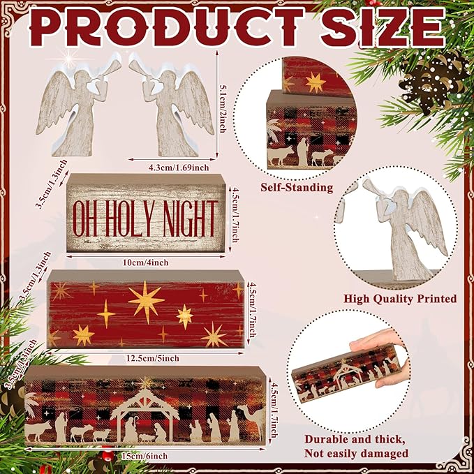 4 Pcs Wooden Christmas Nativity Tiered Tray Decor Rustic Wood Angel Block Sign Gift Kitchen Centerpiece Nativity Scene Table Decor (Jesus)