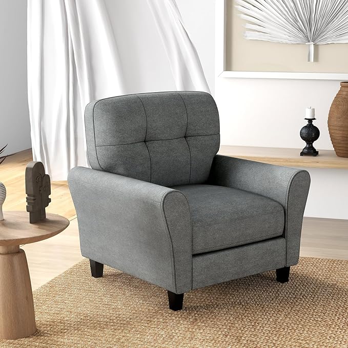 Giantex Modern Mid-Century Accent Chair Set of 2 - Linen Living Room Chair with Tufted Back, 7" Thick Cushion, Max Load 400 lbs, Upholstered Armchair, Club Chair for Bedroom, Grey