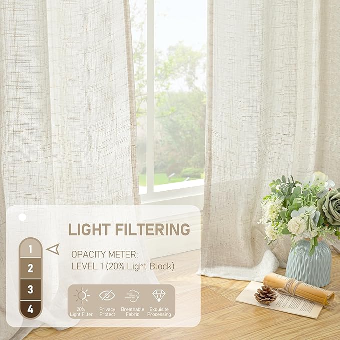 LAMIT Natural Linen Semi Sheer Curtains 45 Inch, Light Filtering Neutral Window Curtains for Bedroom Farmhouse Boho Back Tab and Rod Pocket Panels, Natural Cream Ivory, 2 Panels, 38 x 45 Inch