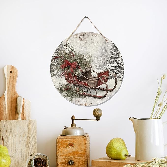 CGBHW Christmas Winter Sleigh Wooden Sign, Vintage Farmhouse Country Cozy Winter Xmas Hanging Sign Wall Decor for Home Bedroom Living Room, Holiday Snowy Door Decor 12 x 6 Inch