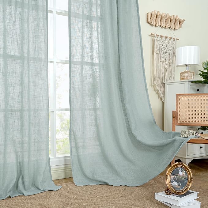 LAMIT Greyish Blue Linen Boho Curtains 84 inch Length 2 Panels, Light Filtering Semi Sheer Panels Back Tab and Rod Pocket Neutral Drapes for Bedroom/Living Room, 34 x 84 Inch