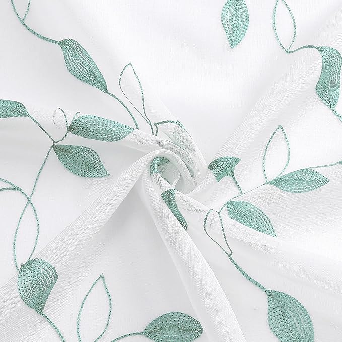 Tollpiz Teal Blue Leaf Sheer Curtain Leaves Embroidered Bedroom Curtains Rod Pocket Voile Window Treatment for Living Room, 54 x 95 inches Long, Set of 2 Panels