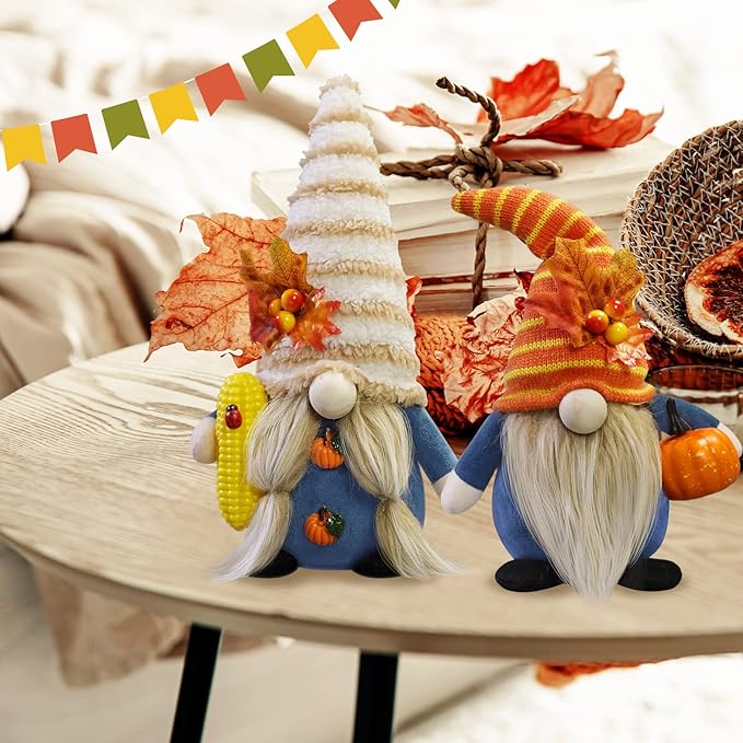 CRCZK Thanksgiving Gnome Decorations, 2Pack Handmade Fall Harvest Gnome Plush Swedish Gnomes Ornaments with Pumpkin Corn Maple Leaves Thanksgiving Gifts Autumn Holiday Home Decorations
