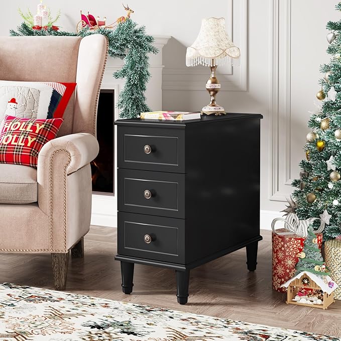 Tribesigns Solid Wood End Table, Fully Assembled Narrow Side Table with Drawers, Pre-Assembled Nightstand Slim Bedside Table for Small Spaces, Living Room, Bedroom, Black