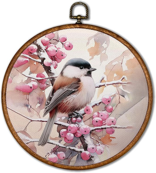 KSDUT Christmas Wall Decor Art - Pink Christmas Bird Wall Art Canvas Frame Hanging Prints, Winter Snowy Xmas Holiday Round Wall Art Decor for Home Farmhouse Decorations 10"x10"