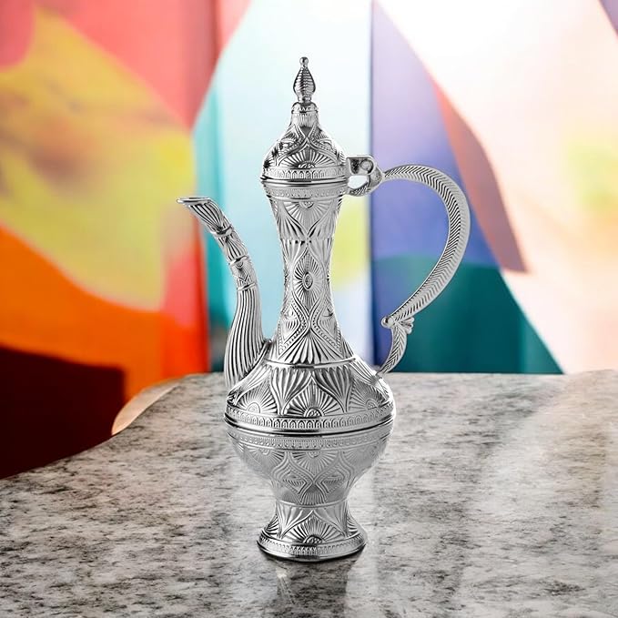 Alisveristime Small Decorative Zamac Ewer – Miniature Ottoman-Inspired Ornate Pitcher with Lid for Home Décor (8.27” x 4.72” x 2.76”) (Silver)