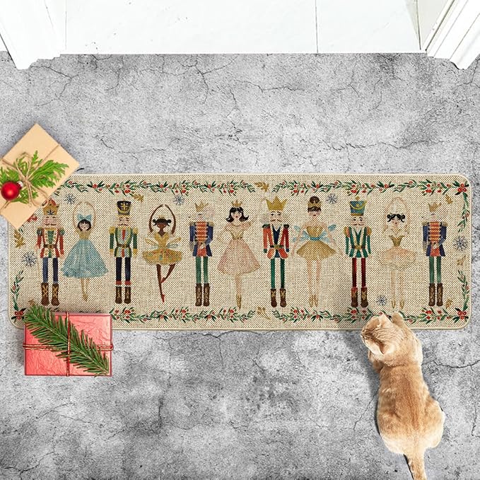 Artoid Mode Watercolor Nutcrackers Merry Christmas Welcome Decorative Doormat, Seasonal Winter Low-Profile Rug Runner Mat for Indoor Outdoor 24x72 Inch