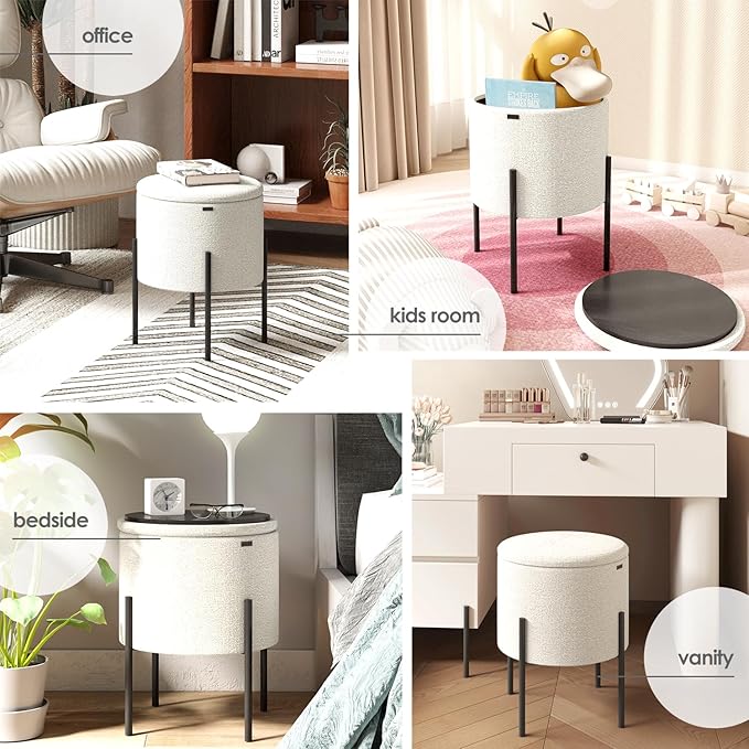 STORAGEBUD Round Ottoman with Storage, Boucle Storage Foot Stool, Makeup Vanity Stool, Small Ottoman Foot Rest, Modern Ottomans for Living Room and Bedroom, White