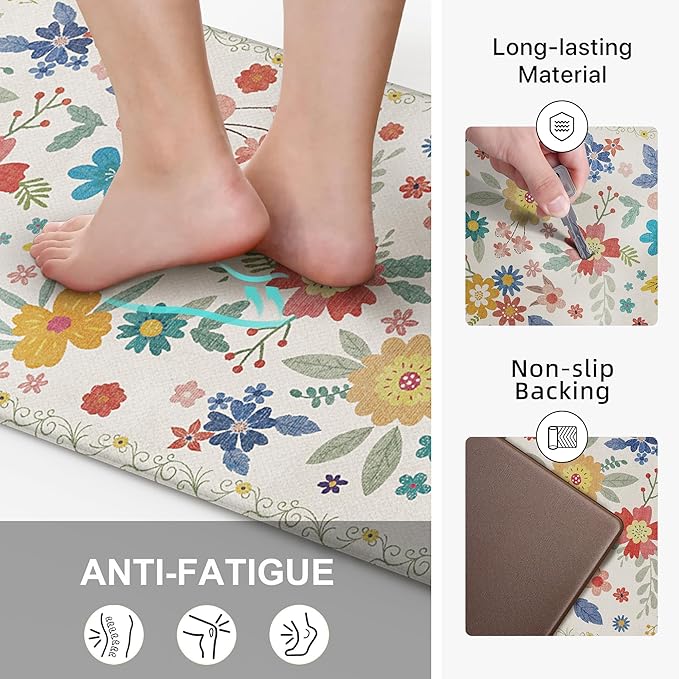 GENIMO Kitchen Mats for Floor 2PCS, Cushioned Kitchen Rugs Non Slip Washable, Farmhouse Anti Fatigue Mat Waterproof, Comfort Standing Mat Rug for Office, Home, Laundry, 17.3"x59"+17.3"x30", SoftWhite