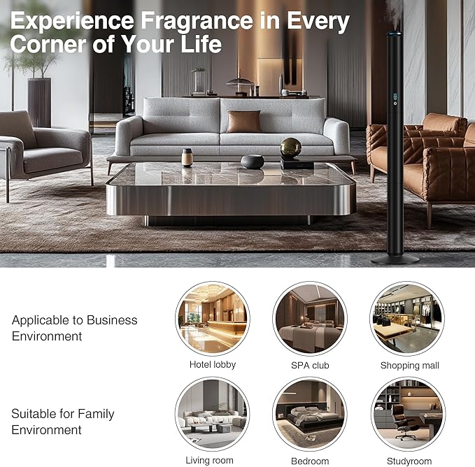 Waterless Scent Diffuser Starter Kit - 2000 Sq Ft Coverage, Luxury Hotel Scent Diffuser, Diffusers for Essential Oils Large Room, Included 5 Scent Oils, Remote Control, Black, 40In