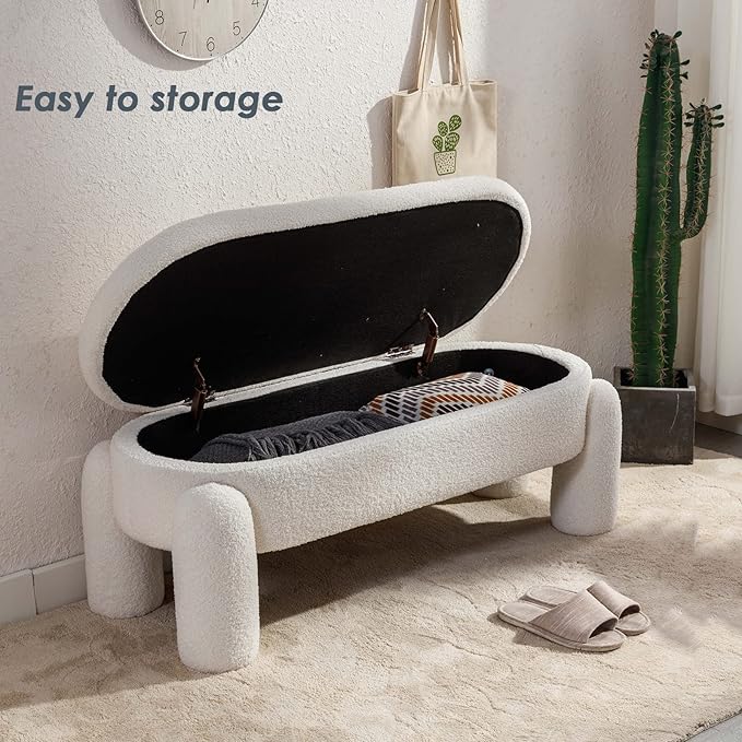 DUOMAY Sherpa Storage Ottoman Bench, Upholstered Fabric Storage Bench End of Bed Stool for Bedroom Living Room Entryway, 44.75" Width, White