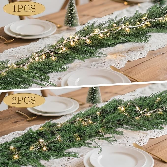 2 Pcs 9 Ft Artificial Norfolk Pine Garlands, Realistic Christmas Pine Garland Faux Winter Greenery for Holiday Table Centerpiece, Mantel, Wall, Indoor, Outdoor Christmas Decor (2, 9 Ft)