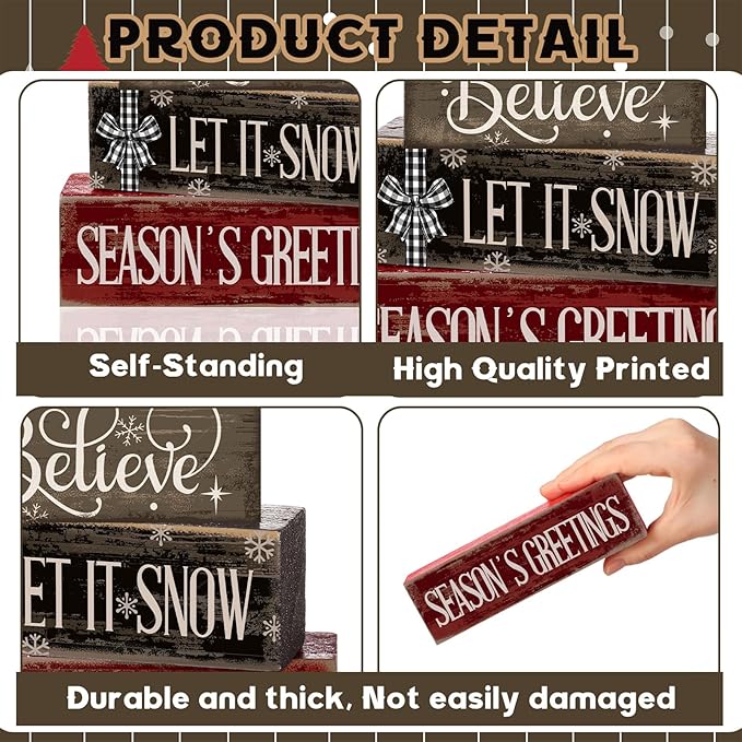 4 Pcs Christmas Table Decor Christmas Tree Centerpiece Rustic Decorative Tree Block Signs Gift Winter Tiered Tray Decor Farmhouse Winter Tabletop Decoration for Home Xmas Party Kitchen Shelf