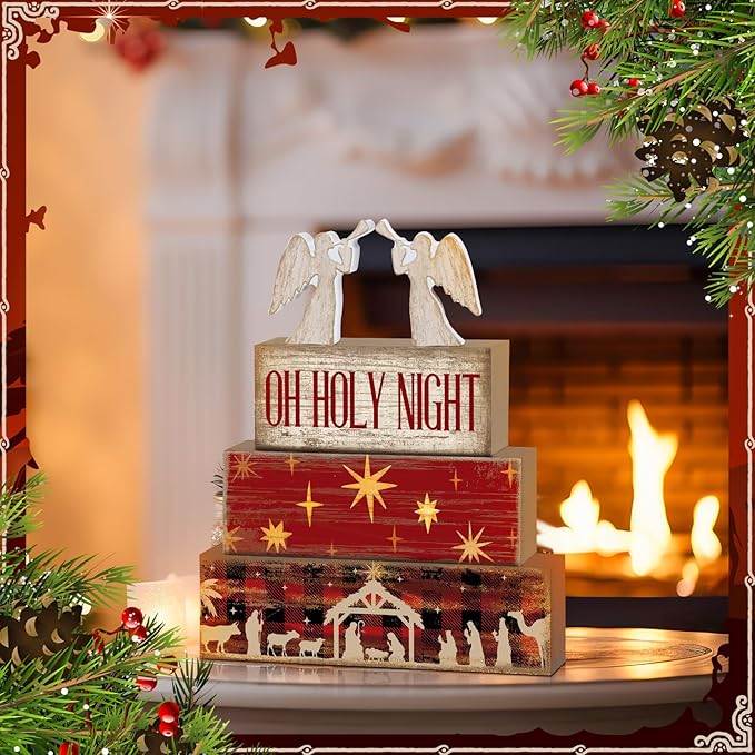 4 Pcs Wooden Christmas Nativity Tiered Tray Decor Rustic Wood Angel Block Sign Gift Kitchen Centerpiece Nativity Scene Table Decor (Jesus)