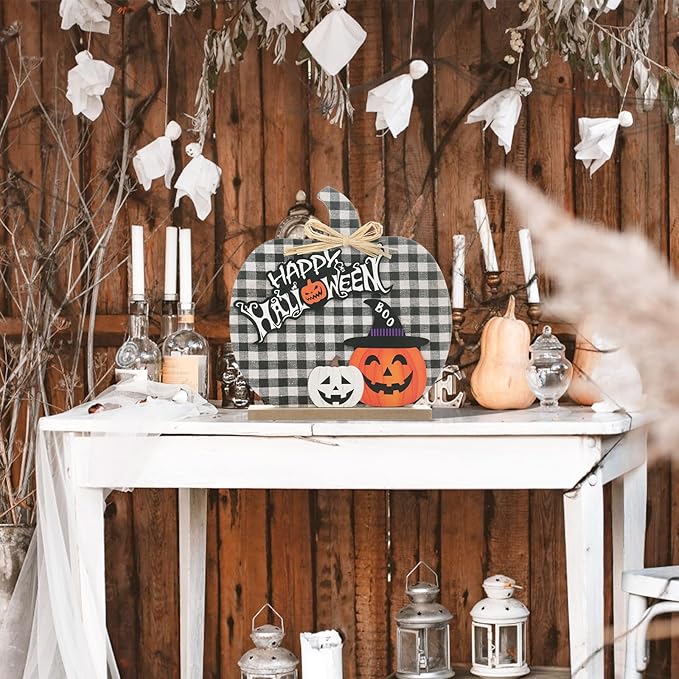 Super Holiday Halloween Pumpkin Decorations, 11"/28CM Wooden Buffalo Plaid Tabletop Decorations, for Home Farmhouse Living Room Indoor Party Decor.