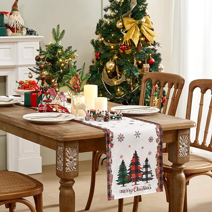 Christmas Table Runner - Xmas Tree Snowflakes Pine Needles Winter Holiday Decorative Farmhouse Table Decorations for Kitchen Dinning, Indoor Outdoor Dinner Party Decor 13x72 Inch