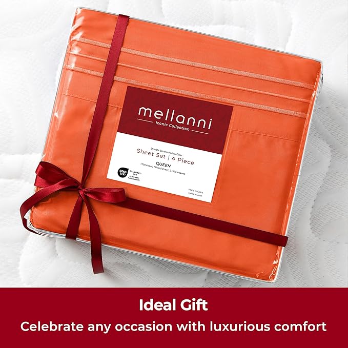 Mellanni Split King Sheets Set - 5 PC Iconic Collection Bedding - Hotel Luxury, Extra Soft, Cooling Bed Sheets - Wrinkle, Fade, Stain Resistant (Split King, Poppy Orange)