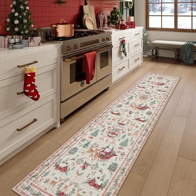 Lahome Christmas Beige Hallway Runner, Kitchen Non Skid Washable, Soft Christmas Tree Santa Claus Bathroom Carpet for Entryway Bedside Holiday Decor (2'x10')