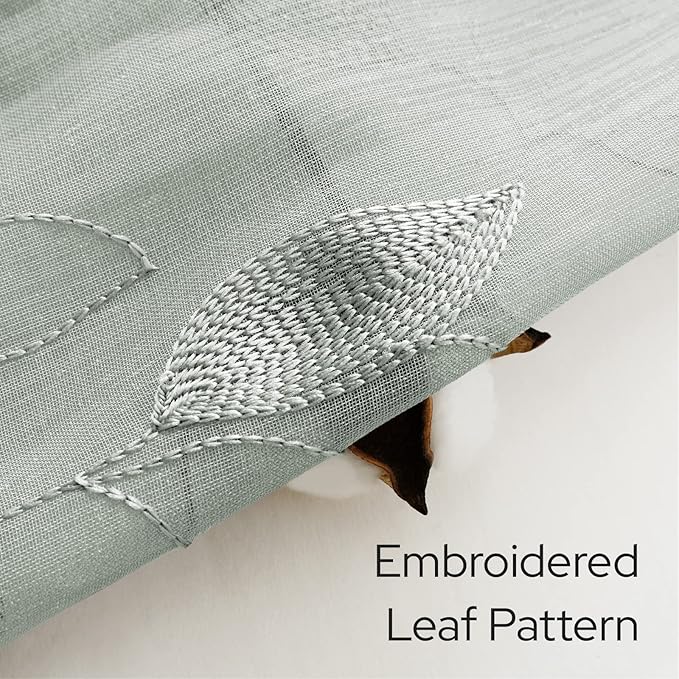HOMEIDEAS Sage Green Sheer Kitchen Curtains 30 X 24 Inch Length 2 Panels Embroidered Leaf Pattern Short Curtains for Small Window Valance Tiers