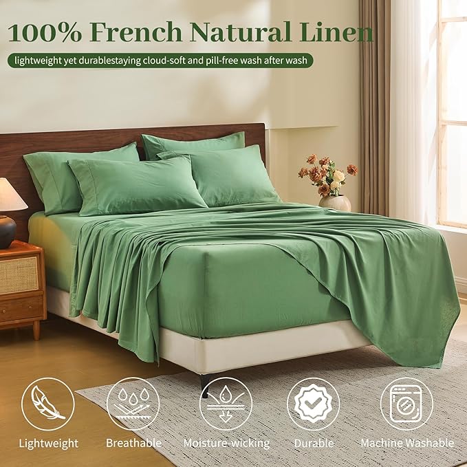 MEISHANG 100% French Pure Linen Sheets Queen Size - Extra Deep Pocket Sheet Set, Soft Durable Flax Linen, Anti-Tear Breathable & Oeko-Tex Certified 18-24 Deep Pocket,All Season(Sage Green)