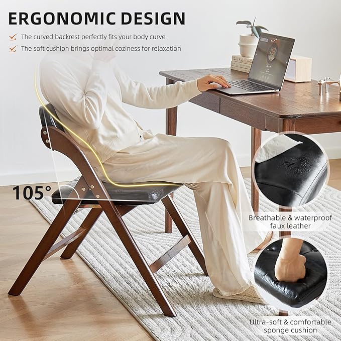 2 Pack Wooden Folding Chair with Padded Seat, Stackable Wooden Foldable Chair, Folding Chairs with Cushion for Guests Kitchen, Bedroom, Office, Wedding, Library, Party, Picnic (Walnut Black)