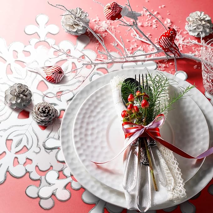 Christmas Snowflake Placemats Set of 6 White Winter Embroidered Table Placemats Washable Round Snow Flake Table Mats for Xmas Party Holiday Wedding Dinner Decoration(Snowflake Style, 14 x 14 Inch)