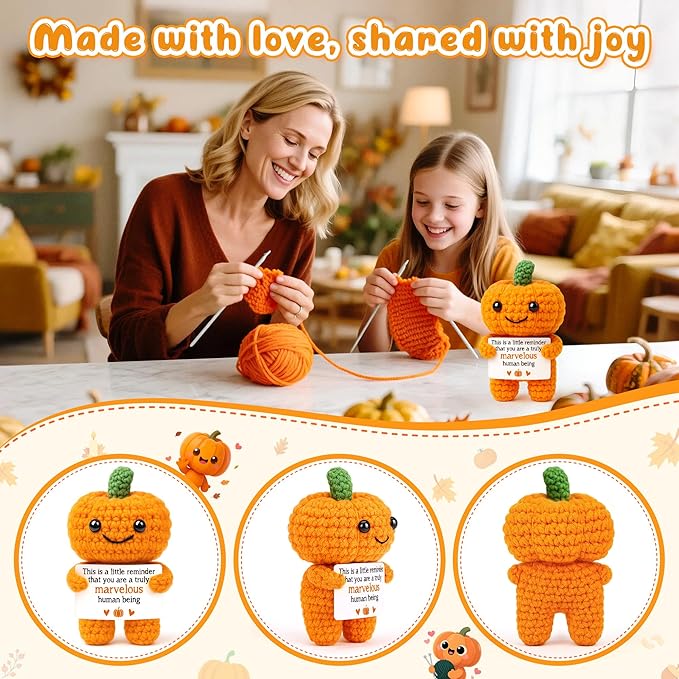Mini Pumpkin Man Halloween Decor Indoor Gifts, Halloween Basket Gifts for Women Teen Girl Boy Kid, Spooky Boo Basket Stuffers, Fall Thanksgiving Decorations for Home, Handmade Crochet Pumpkin Decor