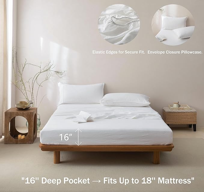 Talasily 100% French Pure Linen Sheets Set Twin Size,Oeko-TEX Certified Bedding, All-Season Breathable for Hot Sleepers,16 Inch Deep Pocket Machine Washable 3-Piece (White)