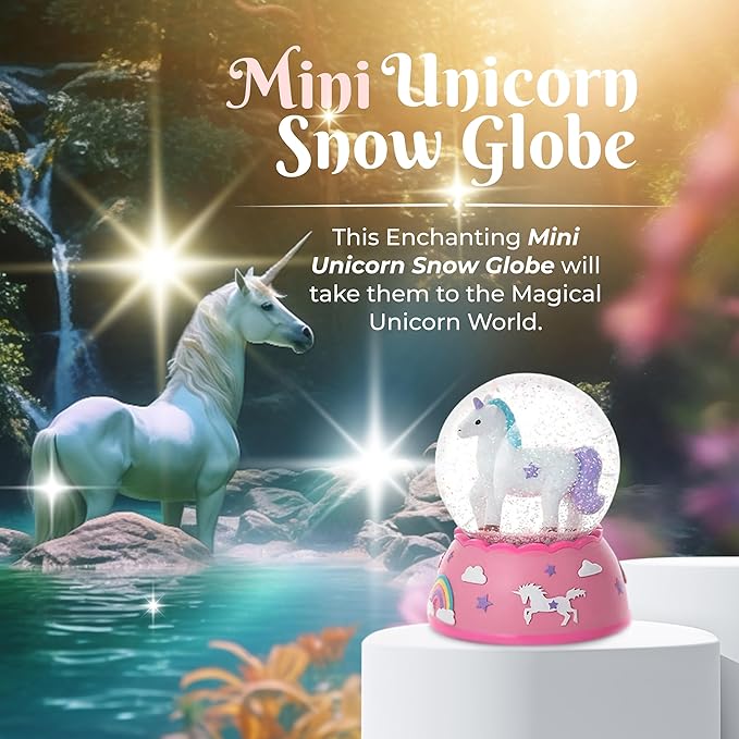 Miniature Shatterproof Unicorn Snow Globe - Handpainted Plastic Globe with Lights, Sparkling Glitter Ornament, Gift Idea for Birthday, Christmas, Very Small for Toddlers