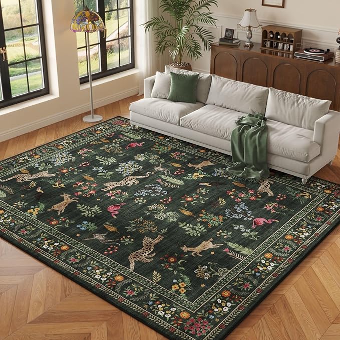 Rugcomf Living Room Rug 5x7 Rug Machine Washable Boho Area Rug Non Slip Floral Animal Vintage Low Pile Large Rugs for Living Room, Bedroom, Farmhouse, Dining Room, Kids Playroom (Green)