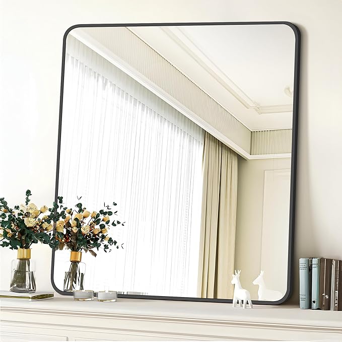 FORBATH Bathroom Mirror 36" x 36",Large Square Wall Mirror with Black Aluminum Frame Rounded Corner, Wall Mounted Mirror for Bathroom Bedroom Entryway Living Room