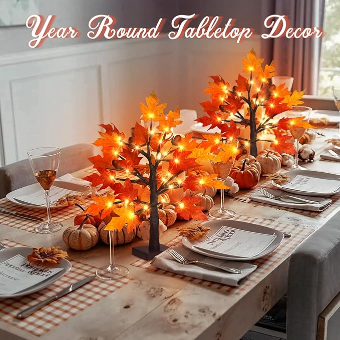 2Pack Artificial Fall Lighted Maple Tree - 1.5FT 36 LED Thanksgiving Decor Lights, Battery Operated Tabletop Lamp with 6 Acorns, 6-Hours Timer, for Wedding Party Indoor Outdoor Autumn Decor…